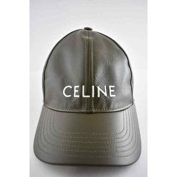 Celine Paris Dark Khaki Green Lamb Leather White Logo Baseball Cap Hat M Medium main image 5